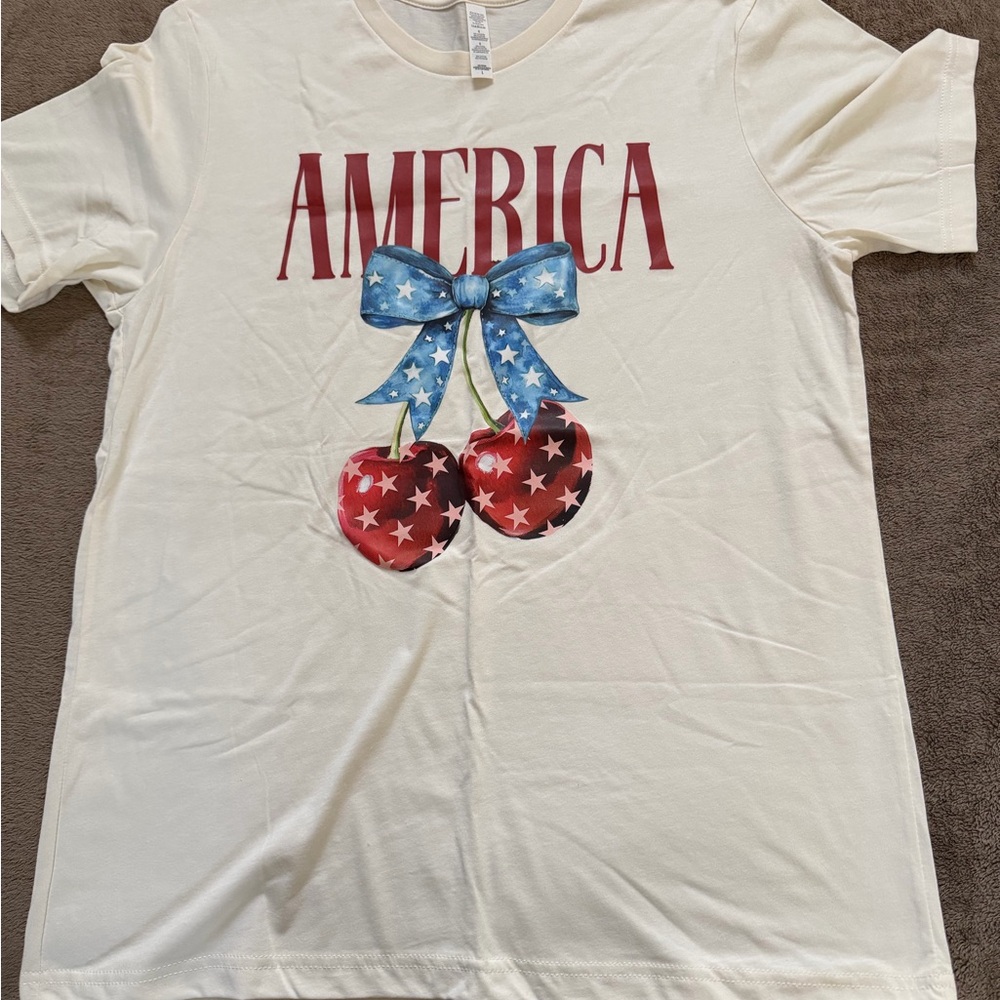 Women’s Cream 'America' Graphic Tee with Red Cherry Motif